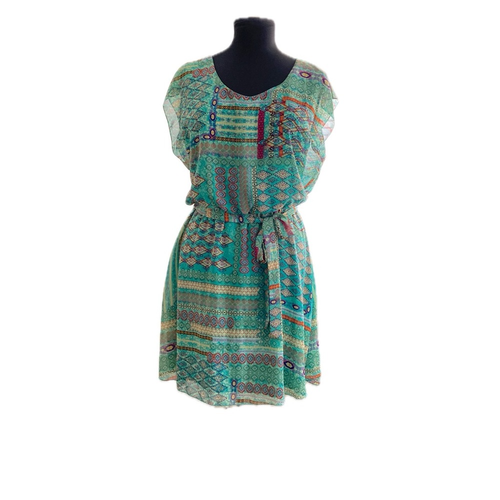 Tacera Teal Multi Color Patterned Mini Dress